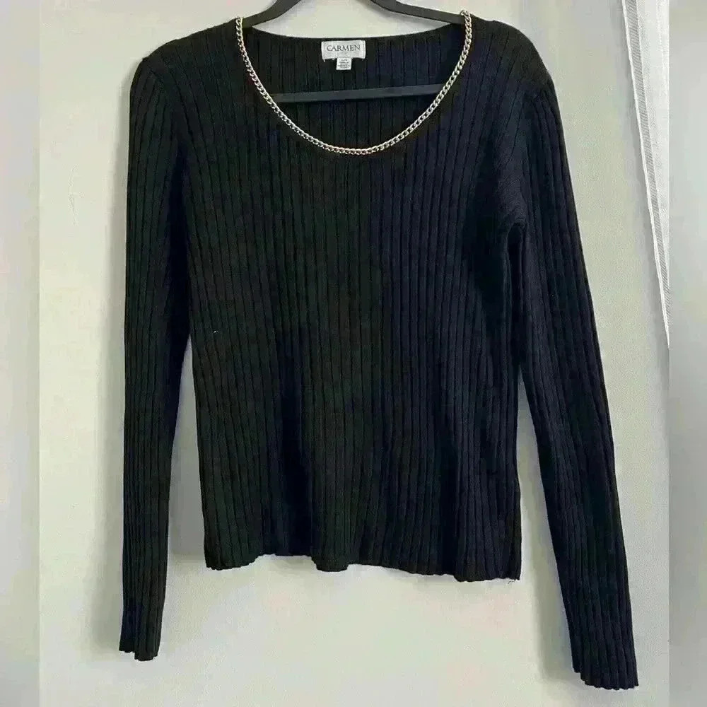 Carmen Marc Valvo Black Long Sleeve Chain Scoop Neck Ribbed Fit Top